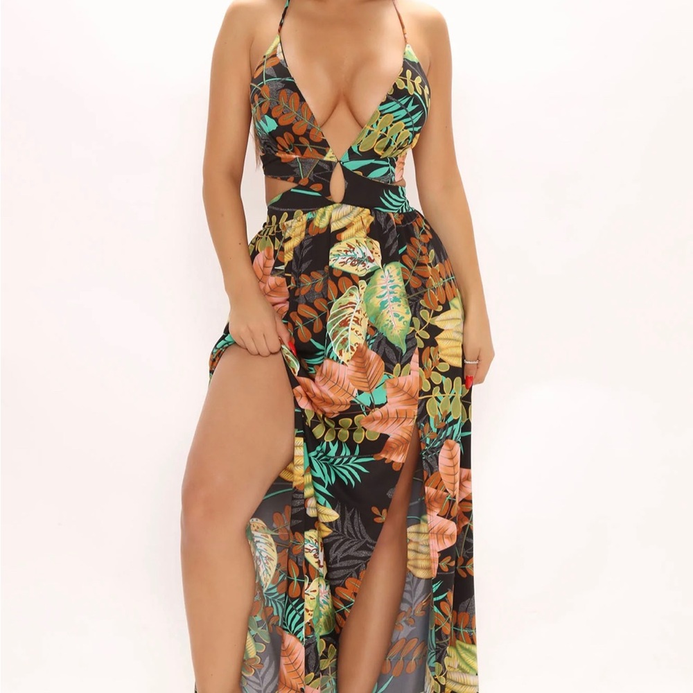 FASHION NOVA Tropical Chick Maxi Dress - Black/combo